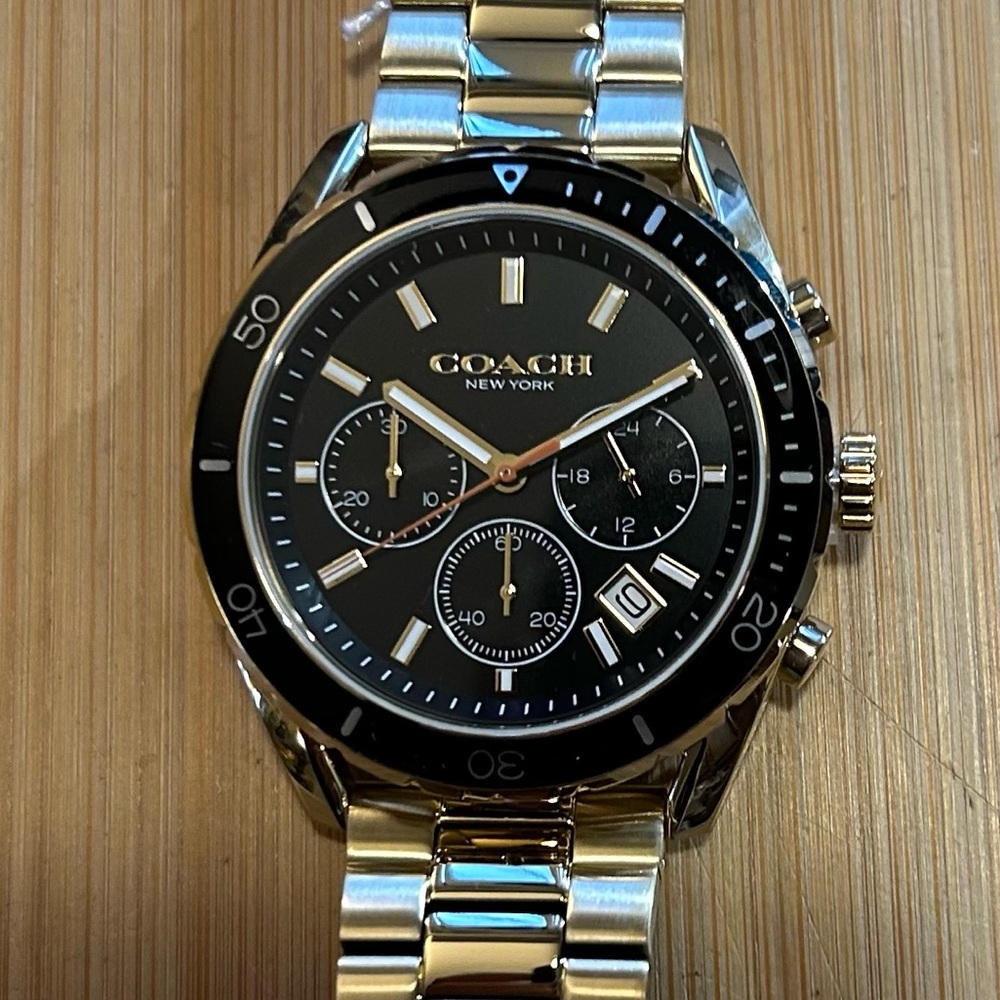 Coach Preston Watch With 44mm Black Chronograph Face & Golden Bracelet